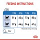 Fütterungsanweisungen für Katzen, die die täglichen Futtermengen basierend auf dem Gewicht (3-6 kg) für ideale und übergewichtige Kategorien detailliert, mit Wasser-Icon.