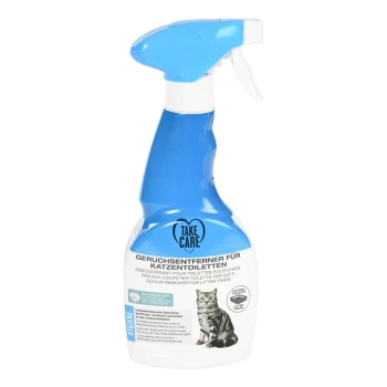 Geruchsentferner für Katzentoiletten Blaues Sprayflasche beschriftet mit "Take Care" mit Text in mehreren Sprachen, mit einem Katzenbild und der Angabe "Geruchsentferner für Katzenstreu."