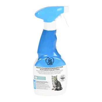 Blue spray bottle labeled "Take Care" with text in multiple languages, featuring a cat image and stating "Odour remover for litter trays."