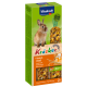 Vitakraft Kräcker für Kaninchen, mit einem braunen Kaninchen neben einem Honig- und Dinkel-Leckerli, beschriftet mit "Vitamins & Minerals" und "Zuckerfreies Rezept."