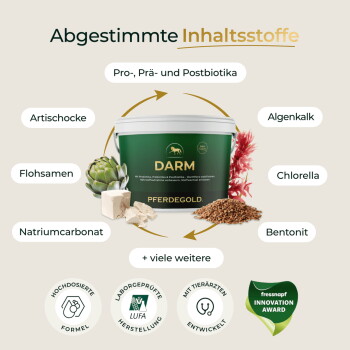 Grüner Behälter mit Aufschrift DARM PFERDEGOLD mit Angaben: Artischocke, Flohsamen, Chlorella und Zertifizierungsabzeichen.
