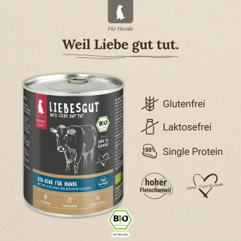 Dose Liebesgut Bio-Rind für Hunde, Aufschrift "Weil Liebe gut tut." und "Bio-Rind für Hunde"; glutenfrei, laktosefrei, Einzelprotein.