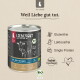 Dose Liebesgut Bio-Rind für Hunde, Aufschrift "Weil Liebe gut tut." und "Bio-Rind für Hunde"; glutenfrei, laktosefrei, Einzelprotein.