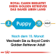 Royal Canin-Leitfaden für Golden Retriever, der die Fütterungsphasen angibt: "Welpe" für 2 Monate, Übergang zu "Erwachsen" nach 15 Monaten.