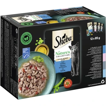 Opakowanie karmy dla kotów Sheba Nature's Collection z 12 x 85g porcji, z miską ryb w sosie, zielonym groszkiem i pomidorem.