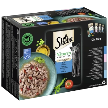 Pack de nourriture pour chats Sheba Nature's Collection avec 12 portions de 85g, avec un bol de poisson dans une sauce, des petits pois verts et une tomate.