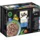 Sheba Nature's Collection kattenvoer verpakking met 12 x 85g porties, met een kom vis in saus, groene erwten en een tomaat.