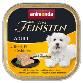 Dose Nassfutter für Hunde mit einem weißen Hund auf dem Etikett, mit "animonda vom Feinsten ADULT" und Zutaten: Rind, Ei und Schinken.