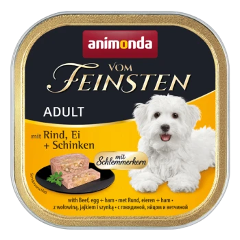 Dose Nassfutter für Hunde mit einem weißen Hund auf dem Etikett, mit "animonda vom Feinsten ADULT" und Zutaten: Rind, Ei und Schinken.