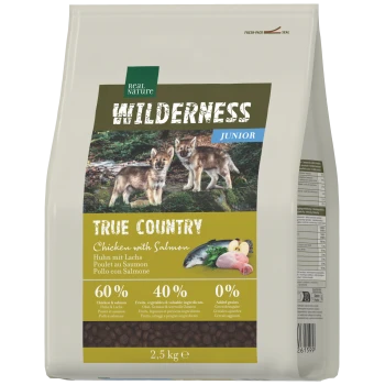 Beutel Real Nature Wilderness Junior Hundefutter 'True Country' Huhn mit Lachs, Motiv von Wolfswelpen, 60%/40%/0% Angaben, 2,5 kg.