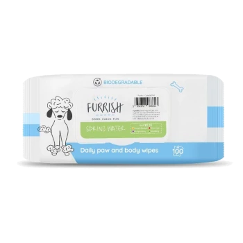 Furrish Spring Water biodegradable pet wipes pack, 100 count, 'Daily paw and body wipes' with poodle illustration.