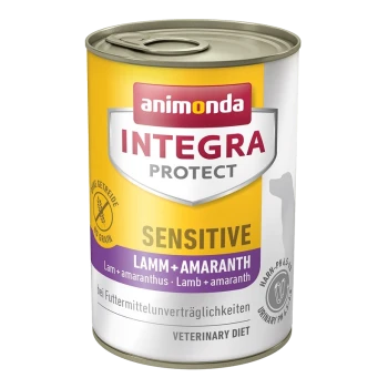 Blik huisdierenvoer met het label 'Animonda Integra Protect Sensitive' met lamsvlees en amarath, met een opmerking over urine pH en veterinaire voeding.