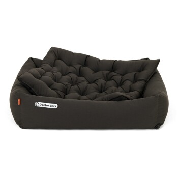 Schwarzes Haustierbett mit gepolstertem Design und einem Logo, das "Doctor Bark" liest.