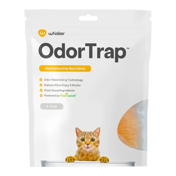 Die Verpackung von Whisker OdorTrap zeigt das Gesicht einer Katze und besagt "Gerüche aus der Katzentoilette neutralisieren," wobei die pflanzliche geruchsneutralisierende Technologie hervorgehoben wird.