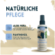 Natürliche Pferdewundsprayflasche mit Aloe Vera und Panthenol, mit Text, der ihre beruhigenden und heilenden Eigenschaften beschreibt.