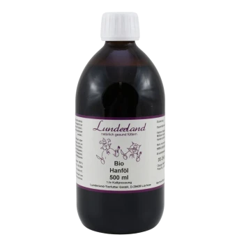 Flasche mit Lundeland Bio-Hanföl, 500 ml, mit einem weißen Deckel und einem Etikett, das Nährwertinformationen und eine Haustierillustration zeigt.