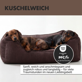 Braunes orthopädisches Haustierbett mit geripptem Stoff, Memory-Schaum und gepolsterten Seiten. Text: "Orthopädische Unterstützung" und "Memory Foam."