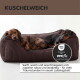 Braunes orthopädisches Haustierbett mit geripptem Stoff, Memory-Schaum und gepolsterten Seiten. Text: "Orthopädische Unterstützung" und "Memory Foam."