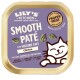 Lily's Kitchen Chicken Smooth Pâté für reife Katzen, mit einer glücklichen Katzenillustration und Text über natürliche Zutaten und Ernährung.