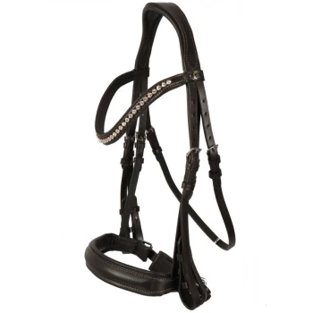 Ein stilvolles braunes Leder-Tiergeschirr, verziert mit einer Reihe von funkelnden Strasssteinen an der Vorderseite, mit verstellbaren Riemen.