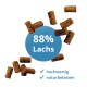 Braune Kibble-Pellets um einen blauen Kreis mit der Aufschrift '88% Lachs', Häkchen und dem Text 'hochwertig, naturbelassen'