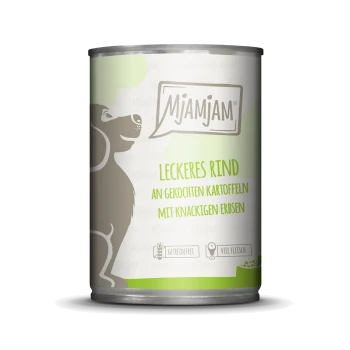 Dosen-Hundefutter, beschriftet mit "Mjamjam", mit einer grauen Hundesilhouette, mit dem Text "Leckeres Rind an gekochten Kartoffeln mit knackigen Erbsen."