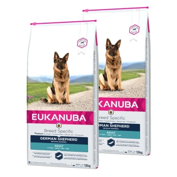 Zwei Tüten Eukanuba Hundefutter, beschriftet mit "Rassenspezifisch Deutscher Schäferhund", jede wiegt 12 kg, mit einem Bild eines Deutschen Schäferhundes auf der Vorderseite.