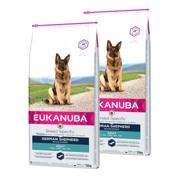 Zwei Tüten Eukanuba Hundefutter, beschriftet mit "Rassenspezifisch Deutscher Schäferhund", jede wiegt 12 kg, mit einem Bild eines Deutschen Schäferhundes auf der Vorderseite.