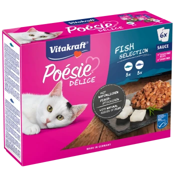 Verpackung für Katzenfutter mit Vitakraft Poésie Délice Fischauswahl. Enthält Bilder von Fischstücken und -chunks in Sauce.