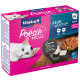 Verpackung für Katzenfutter mit Vitakraft Poésie Délice Fischauswahl. Enthält Bilder von Fischstücken und -chunks in Sauce.