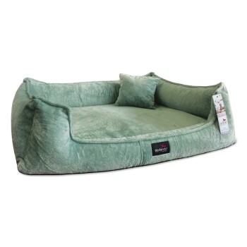 Grüne Tierliege mit erhöhten Rändern und einem kleinen Kissen, mit einem Etikett, das "tierlando" liest.