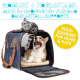 Eine blaue Transportbox für Haustiere mit braunen Akzenten; eine Katze liegt oben und eine andere ist innen. Text: "ROBUST + FORMSTABIL" und "RÜCK-ZUGSORT."