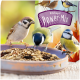 Schale mit Mischsamen, vor der drei kleine Vögel fressen; im Hintergrund eine Tüte mit der Aufschrift 'Wildvogel Power-Mix'