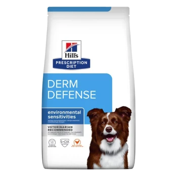 Hill's Prescription Diet Derm Defense Hundefutterbeutel, gekennzeichnet für Umweltempfindlichkeiten, vom Tierarzt empfohlen.