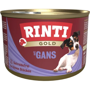 Rinti Gold Hundefutterdose mit einem verspielten Hund mit einem lila Band, beschriftet mit "mit GANS" und "Getreidefrei In feinen Stücken."