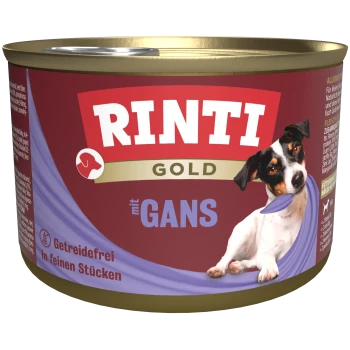 Rinti Gold Hundefutterdose mit einem verspielten Hund mit einem lila Band, beschriftet mit "mit GANS" und "Getreidefrei In feinen Stücken."