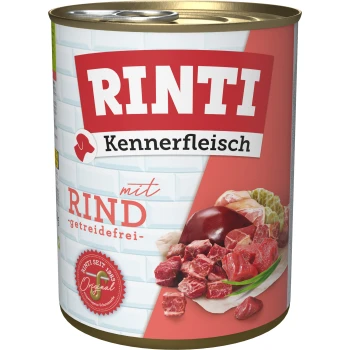 Dosen-Hundefutter mit der Aufschrift "RINTI Kennerfleisch mit RIND - getreidefrei", das Stücke von Rindfleisch und Leber auf der Verpackung zeigt.