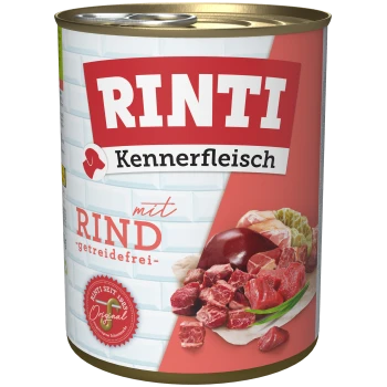 Dosen-Hundefutter mit der Aufschrift "RINTI Kennerfleisch mit RIND - getreidefrei", das Stücke von Rindfleisch und Leber auf der Verpackung zeigt.