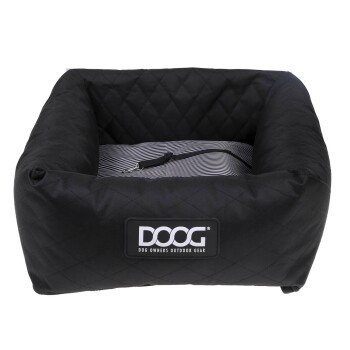 Schwarzes, gestepptes Hundebett mit gestreiftem Innenraum und einem DOOG-Logo, entworfen für Komfort und Stil.