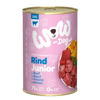 Dose von WOW Hundefutter mit dem Etikett "Rind Junior" mit Rindfleisch, mit einem rosa Hintergrund, 71% Fleischgehalt und 0% Getreide & Gluten.