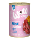 Puszka karmy WOW dla psów oznaczona "Rind Junior" z wołowiną, z różowym tłem, 71% zawartości mięsa i 0% zboża i glutenu.