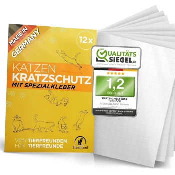 Verpackung des Katzen Kratzschutz-Produkts mit verspielten Katzenillustrationen, "Made in Germany"-Label und einer Qualitätsbewertung von 1,2.