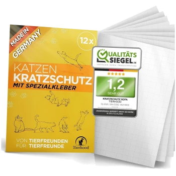 Verpackung des Katzen Kratzschutz-Produkts mit verspielten Katzenillustrationen, "Made in Germany"-Label und einer Qualitätsbewertung von 1,2.