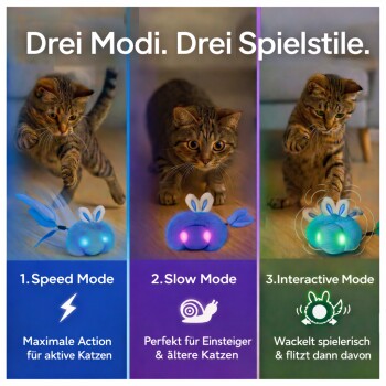 Blaues Haustierspielzeug mit Hasenohren und Federn, ausgestattet mit USB- und USB-C-Ladekabeln, beschriftet mit "Langlebig. Sicher. Leise."