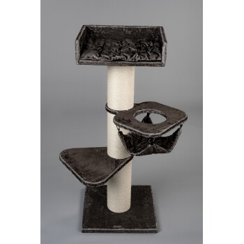 Ein plüschiger, mehrstöckiger Katzenbaum mit einer oberen Plattform, zwei seitlichen Regalen und einer hängenden Hängematte, alles in dunkelgrauem Stoff.