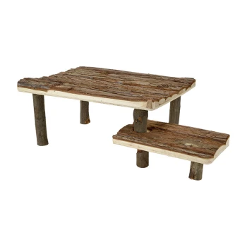 Mobilier pour animaux en bois avec deux niveaux, présentant un design rustique avec une texture d'écorce et des pieds en bois naturel.