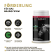 Wurm-Mix-Pulver für Pferde, das die Verdauungsgesundheit fördert, mit einem Pferdebild und Symbolen für regelmäßige Anwendung und Verdauungsunterstützung.