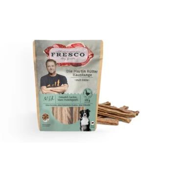 FRESCO Hundefutterpaket für "Die Martin Rütter Kaustange - mit Ente" mit einem Leckerli-Stick. Text: "Gesund. Lecker. Vom Hundprofi." 150g.
