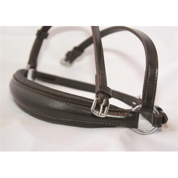 Brautes Leder-Tiergeschirr mit verstellbaren Riemen und silbernen Schnallen, auf einem weißen Hintergrund präsentiert.