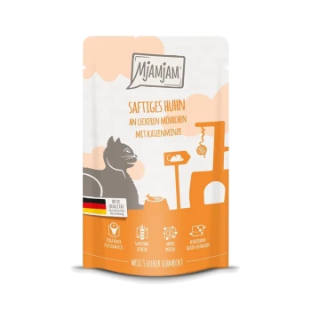 Mjamjam Katzenfutterbeutel mit der Aufschrift "Saftiges Huhn an leckeren Möhrchen mit Katzenminze," mit einer Silhouette einer Katze und Symbolen für hochwertige Zutaten.